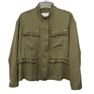 Anthropologie Utility Jacket Green Ruffle Trim Petite XXSP Fits Like Medium
